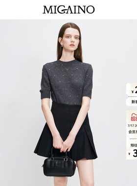 Migaino曼娅奴女装秋季新款时尚感圆领百搭贴钻短袖套头针织衫