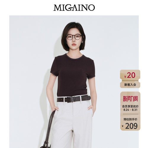 Migaino曼娅奴女装2026年秋季新款圆领正肩花边简约百搭短袖T恤