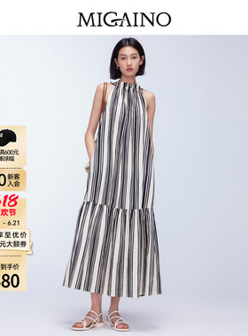 Migaino曼娅奴女装早秋款设计感竖条纹挂脖连衣裙MO32DE014