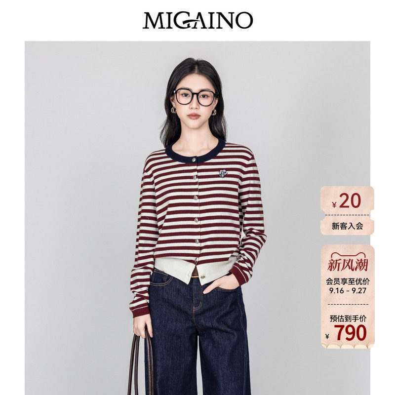 Migaino曼娅奴女装2026年秋季新款圆领卡通条纹针织开衫MQ32JK243图片