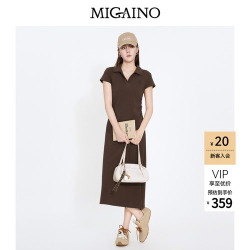 Migaino曼娅奴2026夏季新款V领短袖收腰显瘦减龄裙子休闲连衣裙女
