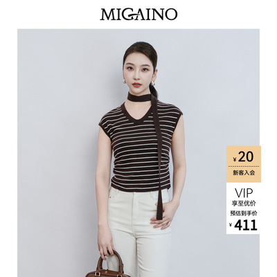 Migaino曼娅奴女装2026夏季新款美式复古条纹修身针织衫MQ22KW227