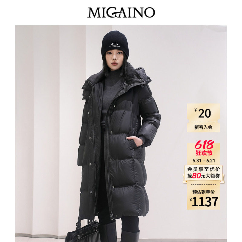 【鹅绒】Migaino曼娅奴女装冬新款黑色简约中长款保暖羽绒服外套