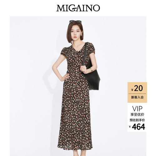 Migaino曼娅奴2026夏季新款V领短袖修身显瘦裙子碎花连衣裙茶歇裙