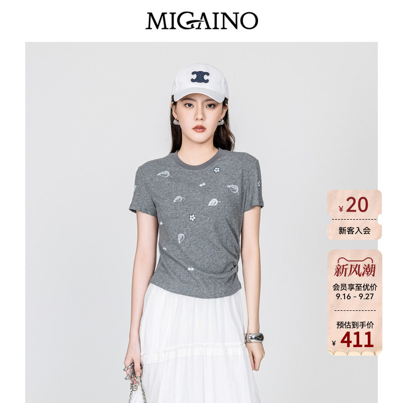 Migaino曼娅奴女装2026年秋季新款圆领正肩别致刺绣T恤MQ32RA001图片