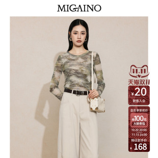 Migaino曼娅奴女装2026年秋季新款圆领休闲晕染印花高弹皮肤衣T恤