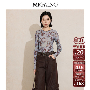 Migaino曼娅奴女装2026年秋季新款圆领修身显瘦印花网纱打底T恤衫