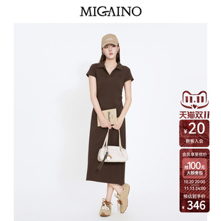 Migaino曼娅奴2026夏季新款V领短袖收腰显瘦减龄裙子休闲连衣裙女