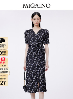 Migaino曼娅奴碎花连衣裙女春夏新款气质收腰中长裙MO12DA043