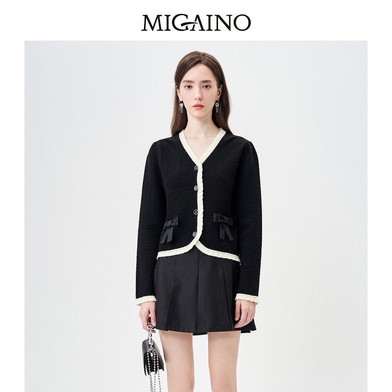 Migaino曼娅奴蝴蝶结针织开衫女2023秋季新款高级感外搭毛衣外套