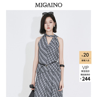 Migaino曼娅奴女装2026年早秋新款设计感时髦飘带无袖格子衬衫