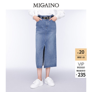 Migaino曼娅奴女装秋季新款高腰开叉设计牛仔半裙MO32EJ003