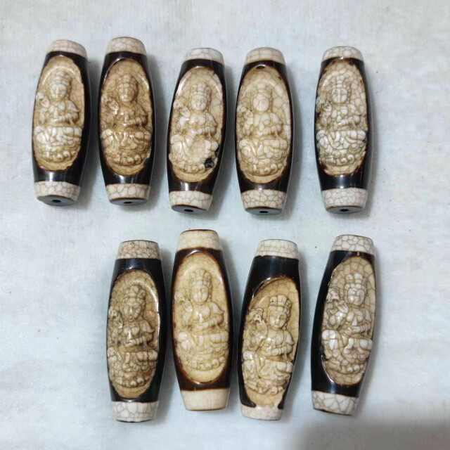 藏式古传统老天珠风化细腻雕刻观音扎基拉姆佛像龙鳞纹项链吊坠