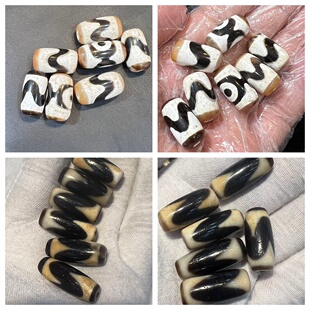 台湾工艺黑白牙黄钙化玛瑙天珠虎牙图案风化包浆散珠手链项链配珠