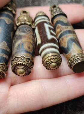 藏传三眼双虎牙图案线珠九眼老天珠镶嵌金刚杵法器佛珠项链挂件吊