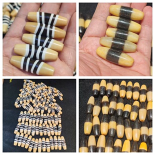 台湾工艺药师珠通体牙黄宽黑线玛瑙天珠风化包浆藏式散珠手链项链