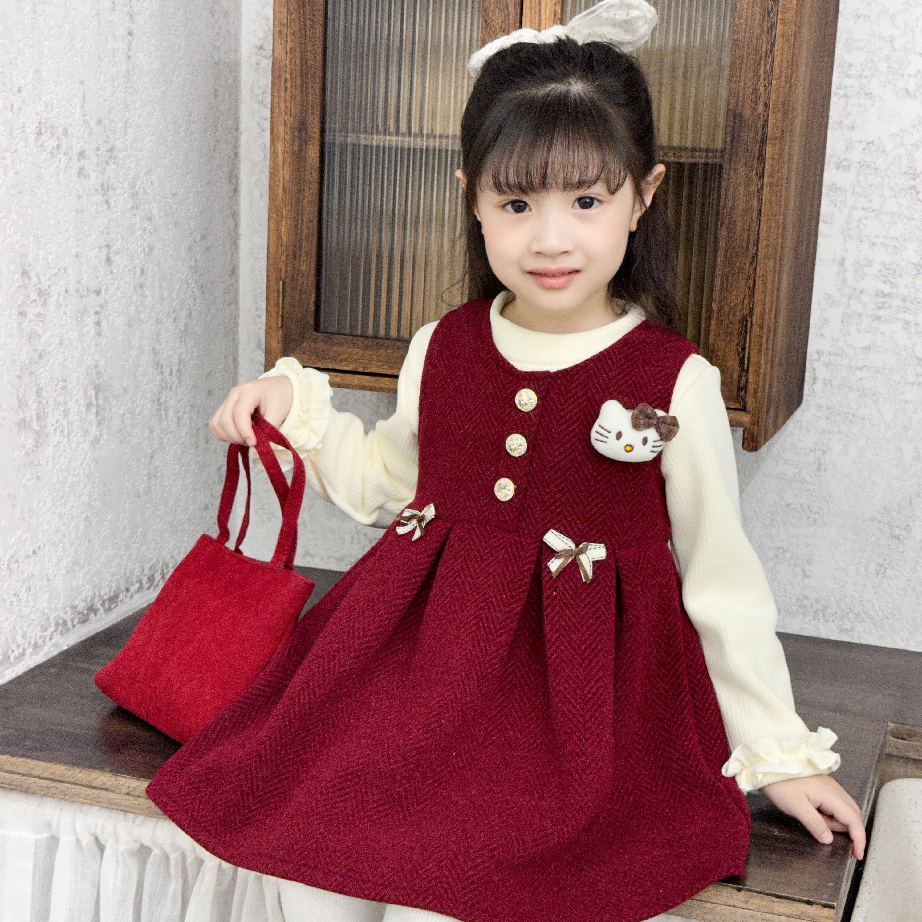 女童连衣裙冬新款加绒加厚背心裙洋气公主新年裙红色长袖连衣裙子