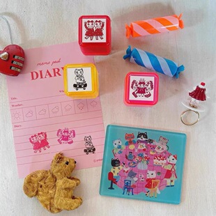 蘑菇屯 日本进口 北岸由美浸透印章 猫咪好朋友蝴蝶滑板彩色用印