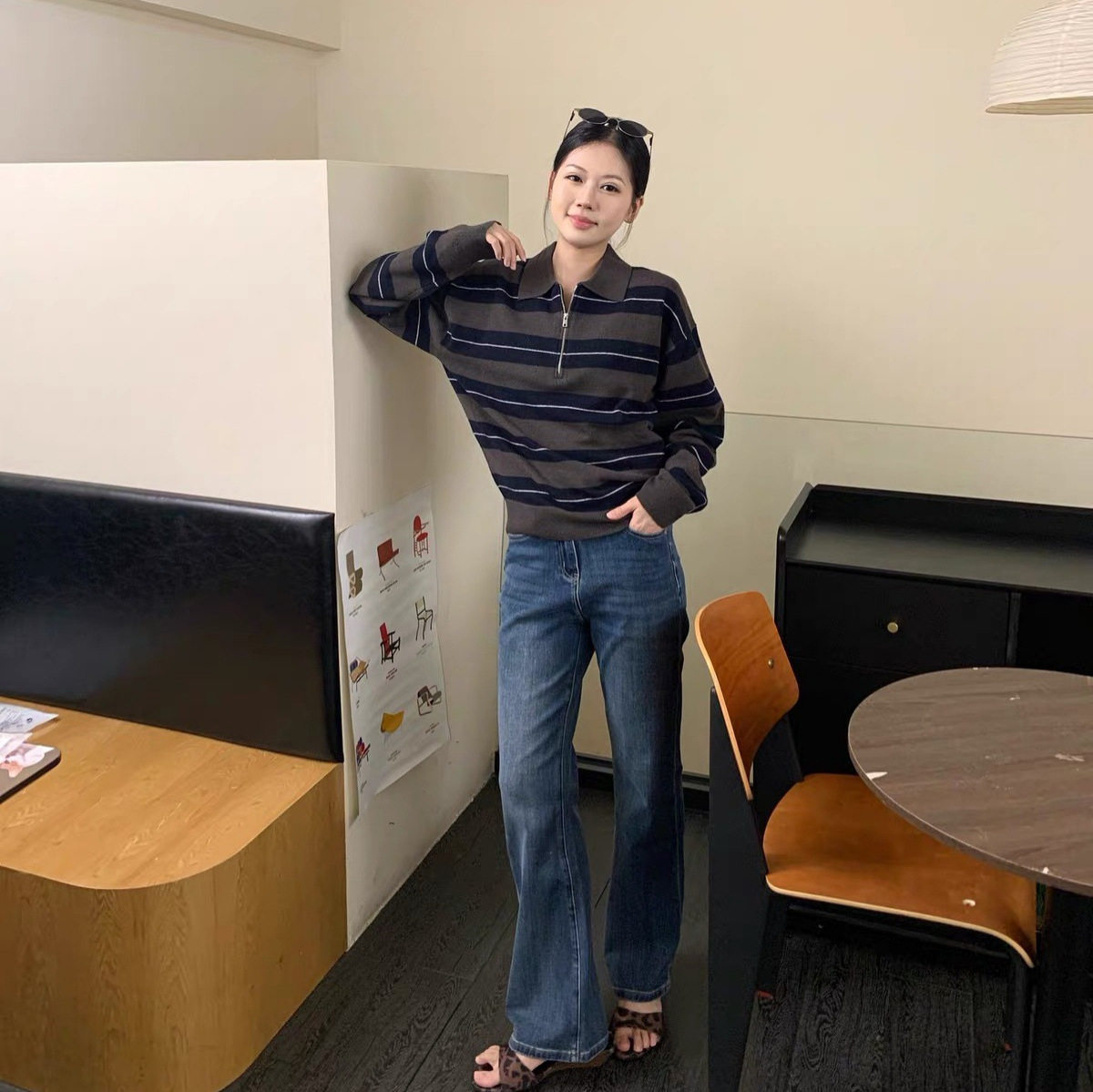 MD秋季新款2026女装复古文艺风羊毛混纺条纹拉链针织衫POLO衫毛衣