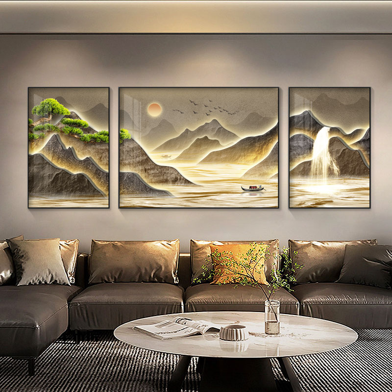 流水生财客厅山水装饰画新中式大气沙发背景墙面挂画茶室三联壁画