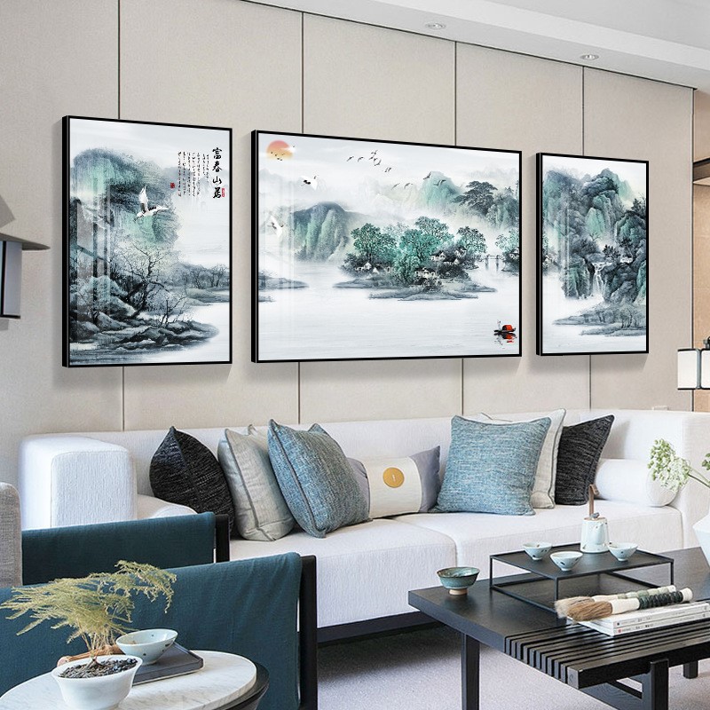 新中式山水装饰画茶室餐厅壁画沙发背景墙三联画客厅山水大气挂画