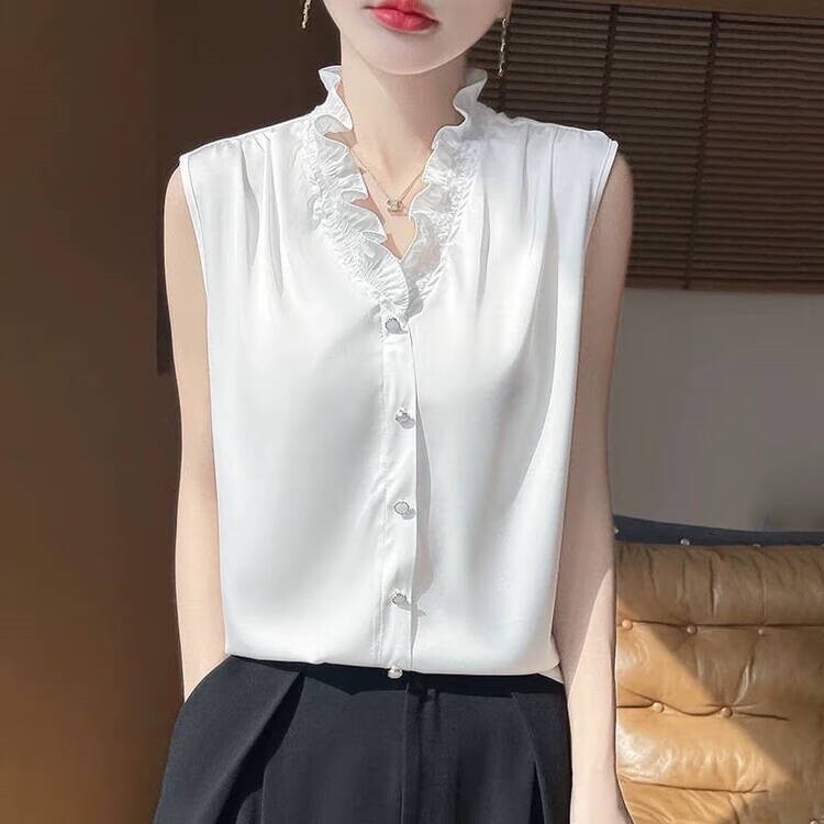 【爆款轻奢】法式花边领V领无袖背心木耳边无袖衬衫女气质上衣