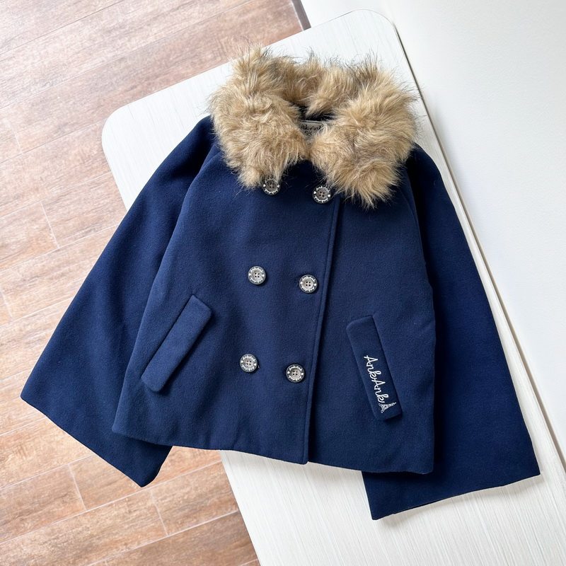 140-150 出口日本童装冬仿毛呢双排扣斗篷式外套女童 可拆卸毛领