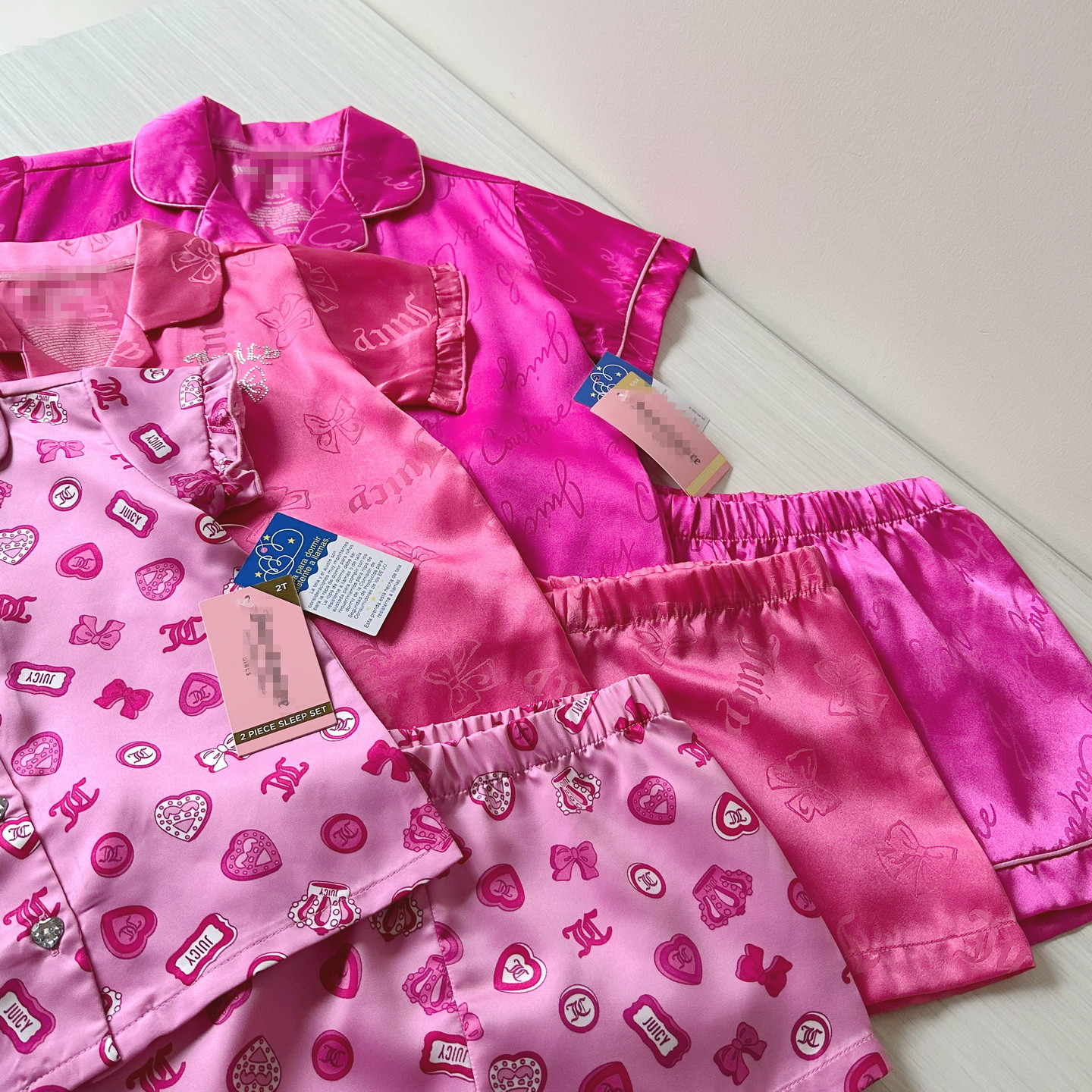 2-12岁 出口美国童装夏季仿绸缎家居服套装 女童甜美短袖短裤睡衣