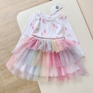 1-4岁 出口美国童装春秋纯棉长袖拼接多层次纱纱裙 幻彩飞马蝴蝶