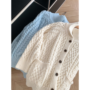 粗针的氛围感 加厚立领毛衣开衫冬季复古麻花宽松中长款针织外套
