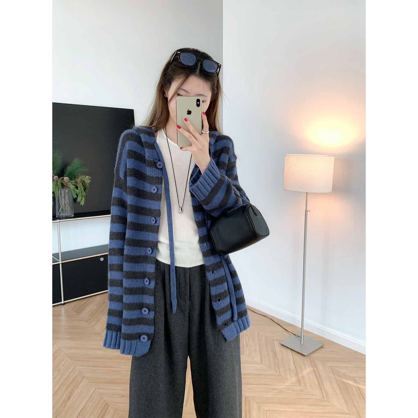 撞色加厚连帽毛衣开衫秋冬