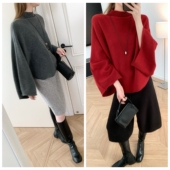 气质正红 斗篷新年上衣 半高领毛衣软糯宽松针织衫 前后两穿 蝙蝠袖