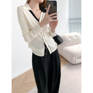 气质轻奢/不对称撞色Polo领针织衫羊毛混纺长袖开衫通勤女装上衣