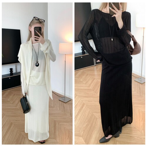 镂空三件套 早秋天丝喇叭袖上衣+带内衬半身长裙+时髦三角巾套装