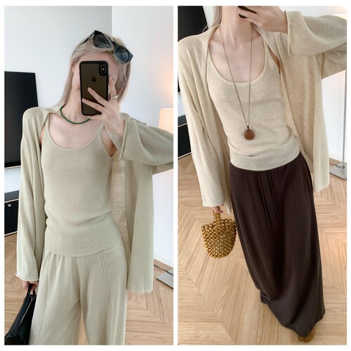 随意纸片人 夏日清爽亚麻莱赛尔吊带+宽松防晒开衫慵懒披肩两件套