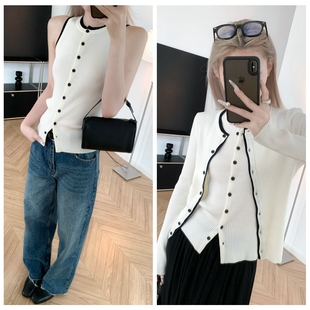 利索干练 秋季简约拼色无袖修身背心+圆领长袖开衫两件套通勤小香