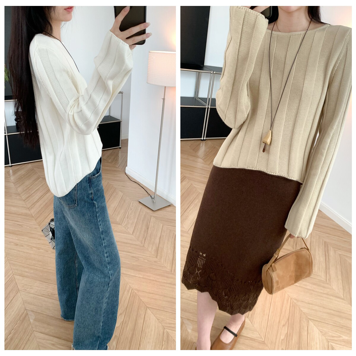 自留私服 弧形下摆宽坑条棉纱针织衫长袖秋冬简约时髦套头毛衣女