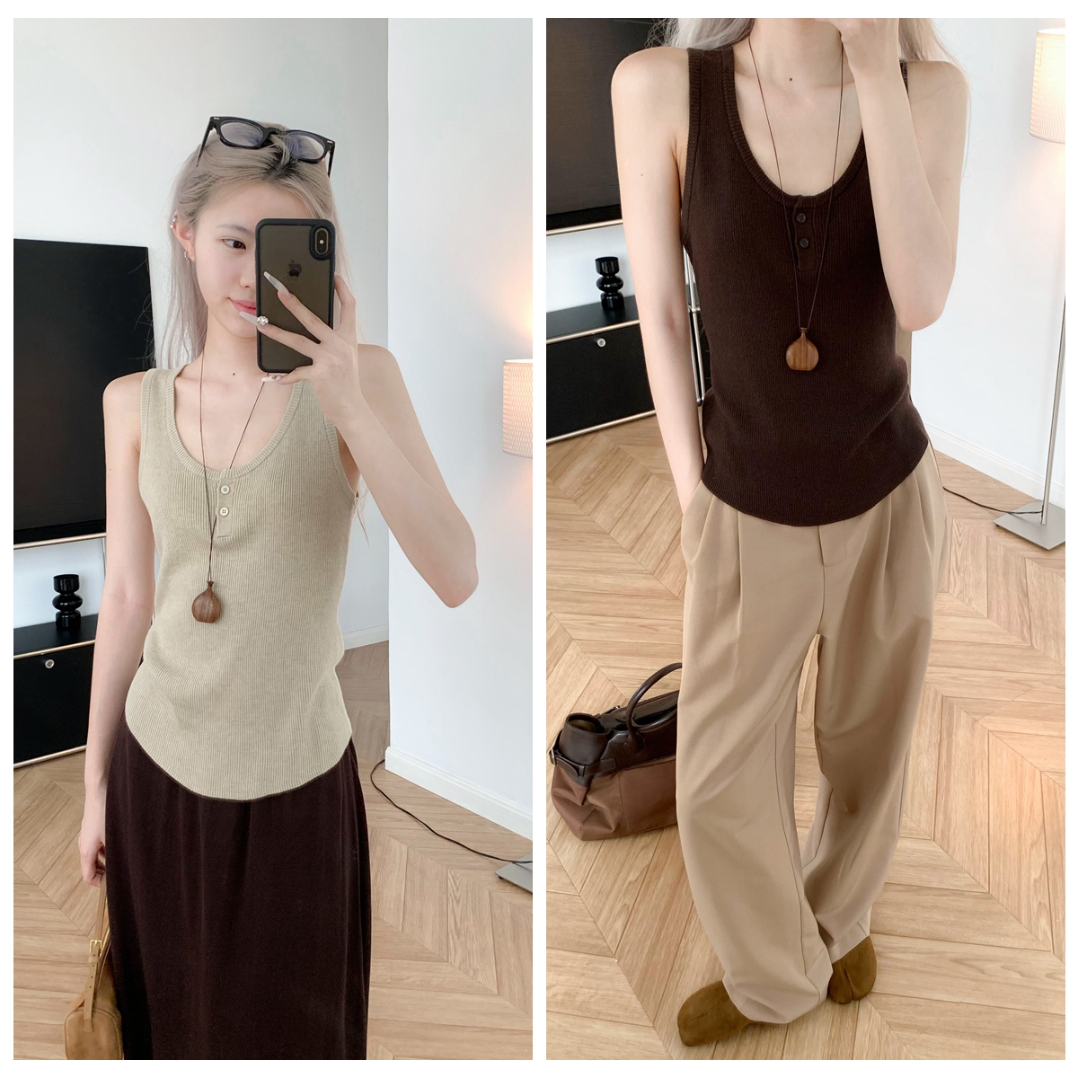 换季好比例 圆弧下摆 大U领无袖针织背心羊毛混纺显瘦修身上衣女