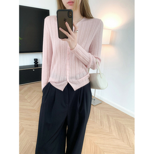 温柔镂空 早秋轻薄羊毛针织衫开衫V领长袖外搭空调衫简约上衣新品