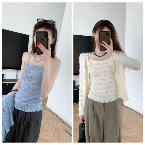 可爱的肌理感 秋季针织吊带+泡泡纱圆领开衫长袖外搭羊毛两件套装