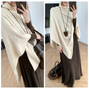 气质艺术生 不规则高领针织披肩保暖小驼绒毛衣斗篷慵懒显瘦上衣