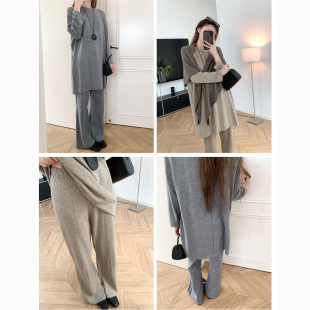 懒人九分袖 两件套装 羊毛上衣中长款 微喇休闲裤 针织衫 时髦长配长
