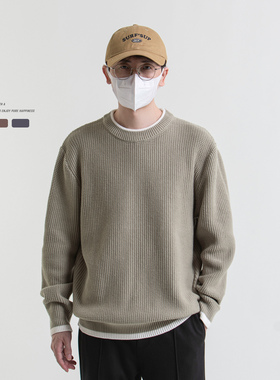 写意秋冬季新款圆领假两件套头毛衫男日系复古简约内搭针织衫毛衣