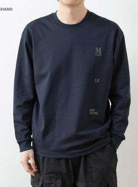 LFH写意 春夏季新款日式复古重磅长袖T恤男宽松印花休闲圆领上衣