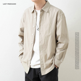 衬衫 LFH写意 男休闲简约衬衣外套 复古卡其全棉长袖 日式 春季 新款