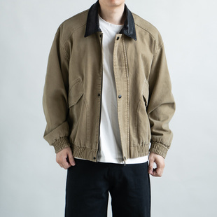 美式 LFH写意 春季 新款 外套 复古拼皮领斜纹酵洗撞色全棉夹克男工装
