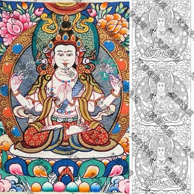 唐卡线稿DIY四臂观音唐卡西藏唐卡纯手绘唐卡描金佛像白描线稿