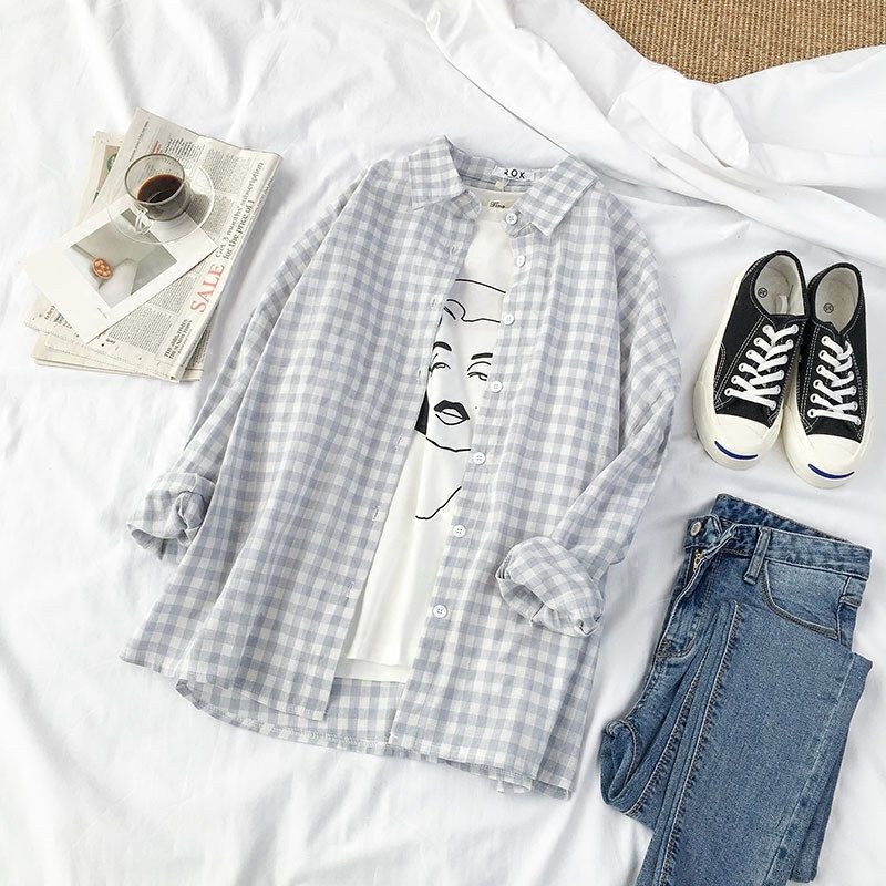 春装2018新款女女装韩版浅色格子衬衫夏学生衬衣韩范上衣防晒衫|ruв категории Женская одежда, рубашка - от Buy2taobao.com для оказания профессиональной услуги покупки агента Taobao