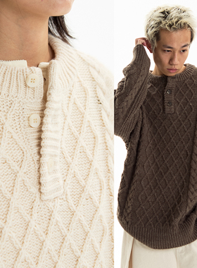 NKGC 复古绞花麻花经典品质细节亨利领厚粗针毛衣上衣外套