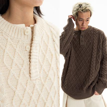 NKGC 复古绞花麻花经典品质细节亨利领厚粗针毛衣上衣外套
